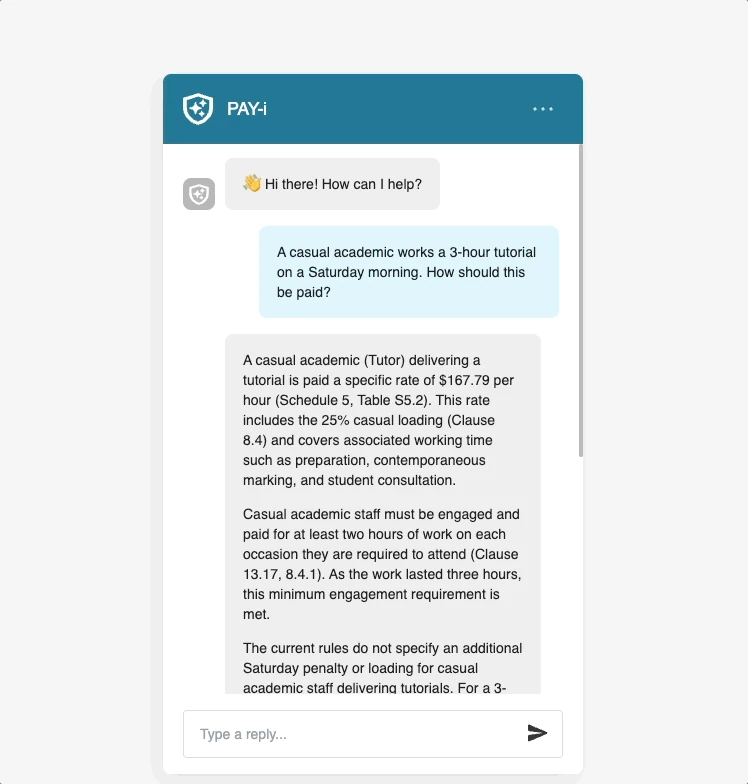 A PAY-i conversation answering a casual academic pay question, with the clause it came from